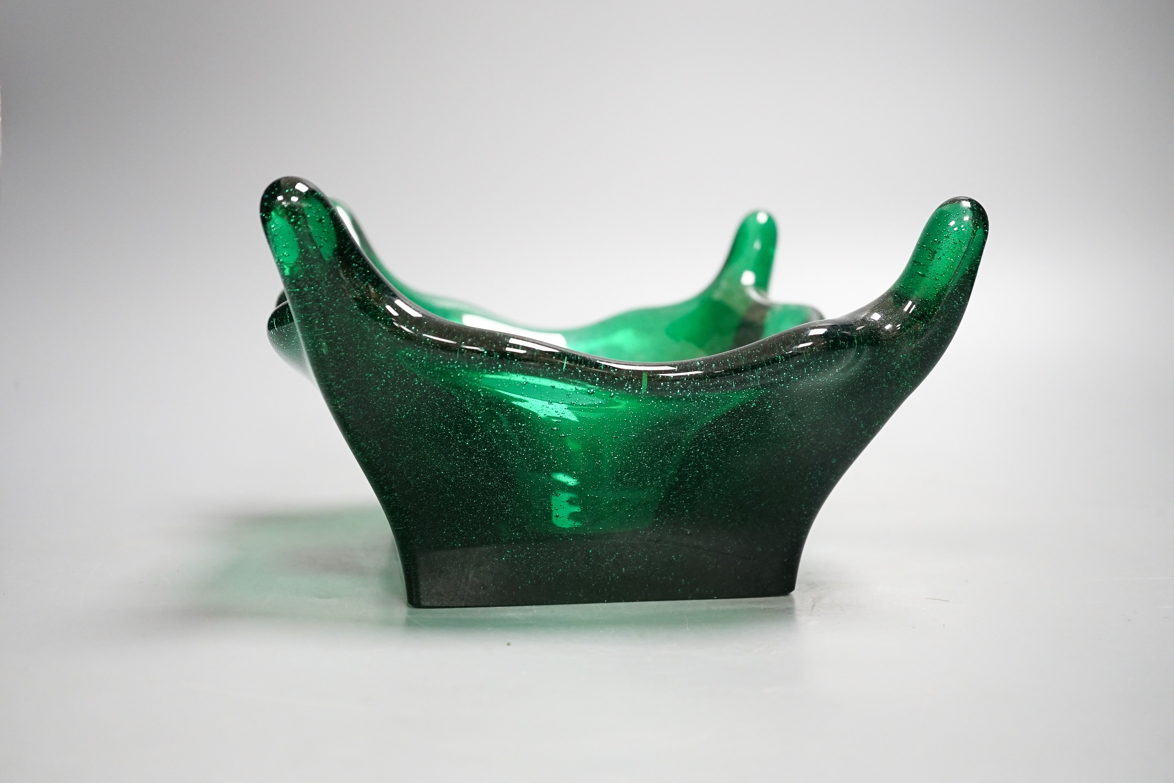 A large green studio glass bowl 27cm corner to corner